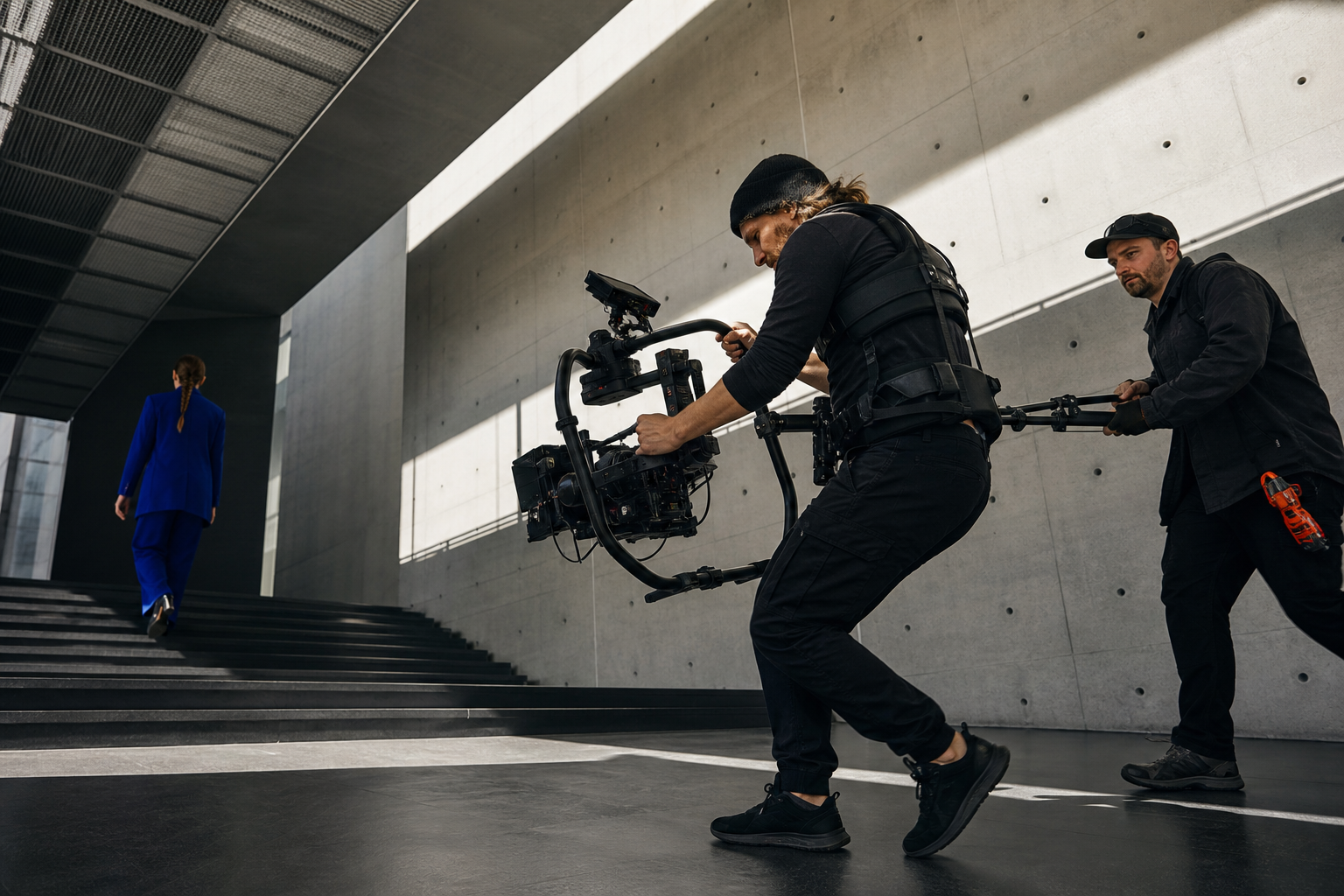 Vidéaste avec stabilisateur filmant les mariés